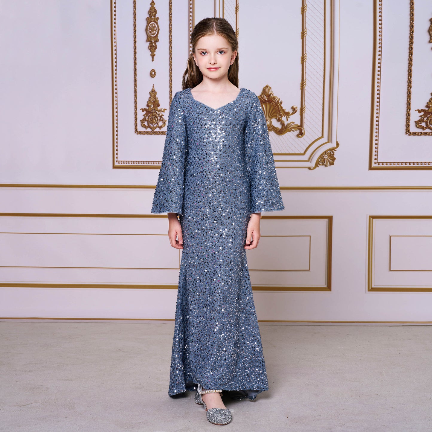 2025 catwalk princess dress model children's evening dress girls host fishtail niche sequined performance suit