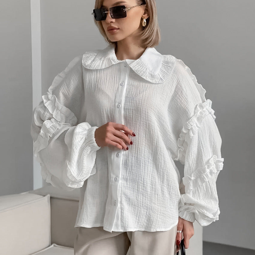XAKXX Spring and summer fashion casual pure cotton white loose lapel lantern sleeve commuter shirt women's design shirt
