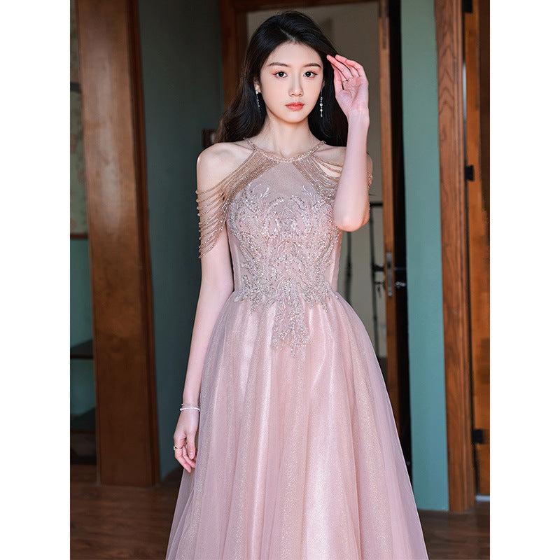 Pink tassel evening dress women's 2025 new spring host celebrity style light luxury toasting dress engagement dress dress