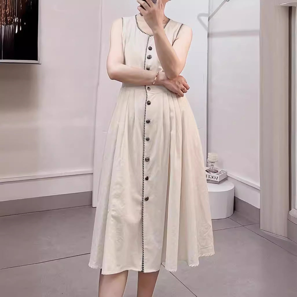 2025 Spot summer new vacation retro style high-end sense thin sleeveless cotton and linen dress