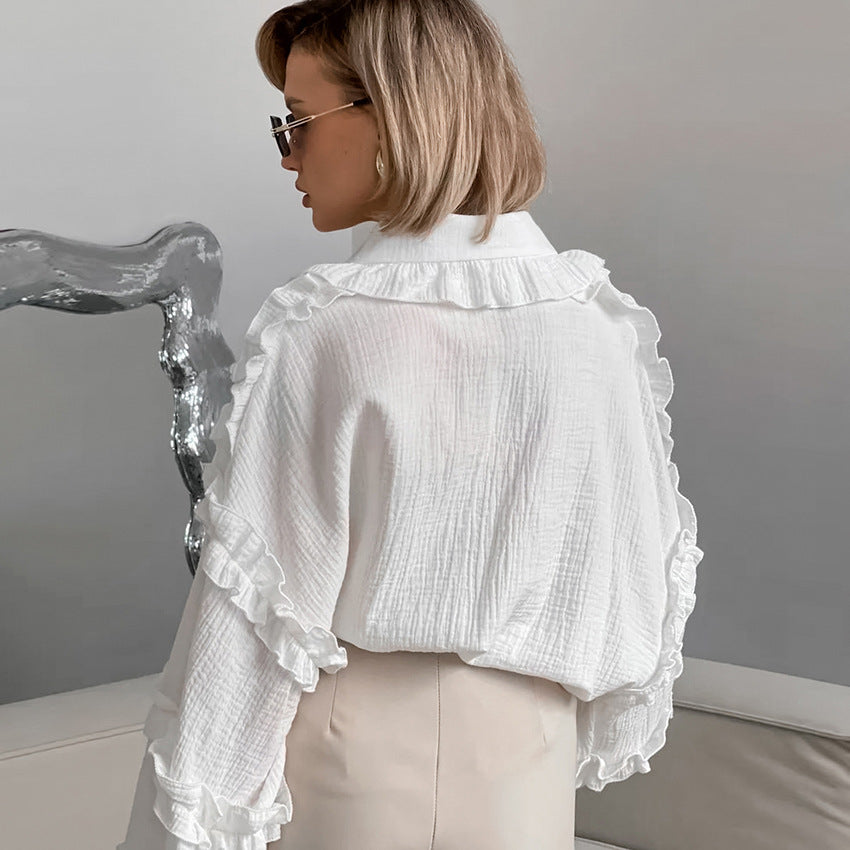 XAKXX Spring and summer fashion casual pure cotton white loose lapel lantern sleeve commuter shirt women's design shirt