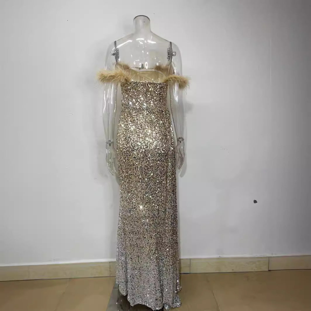 2025 Europe and America Cross Border New Factory Direct Sales Tube Top Feather Sequins Slim Fit Dress Long Dress Evening Dress