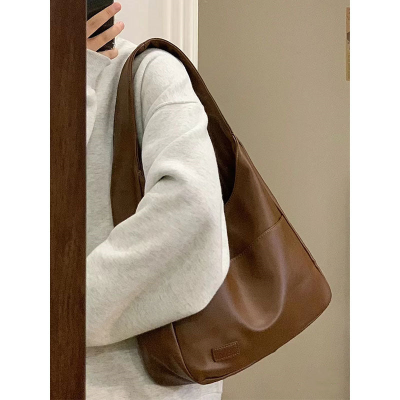 XAKXX 2025 Cross-border new products, lazy style soft leather tote bag, women's retro fashion Popular style shoulder bag, underarm bag for college students in class