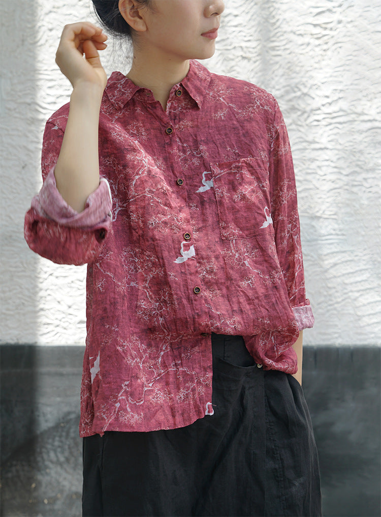casual literary ramie printed versatile shirt, Wenqing trendy loose sunshade long-sleeved top S21041