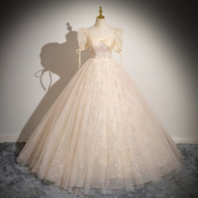 Champagne evening dress spring new elegant bubble sleeve princess dress tutu skirt bar mitzvah student art exam dress