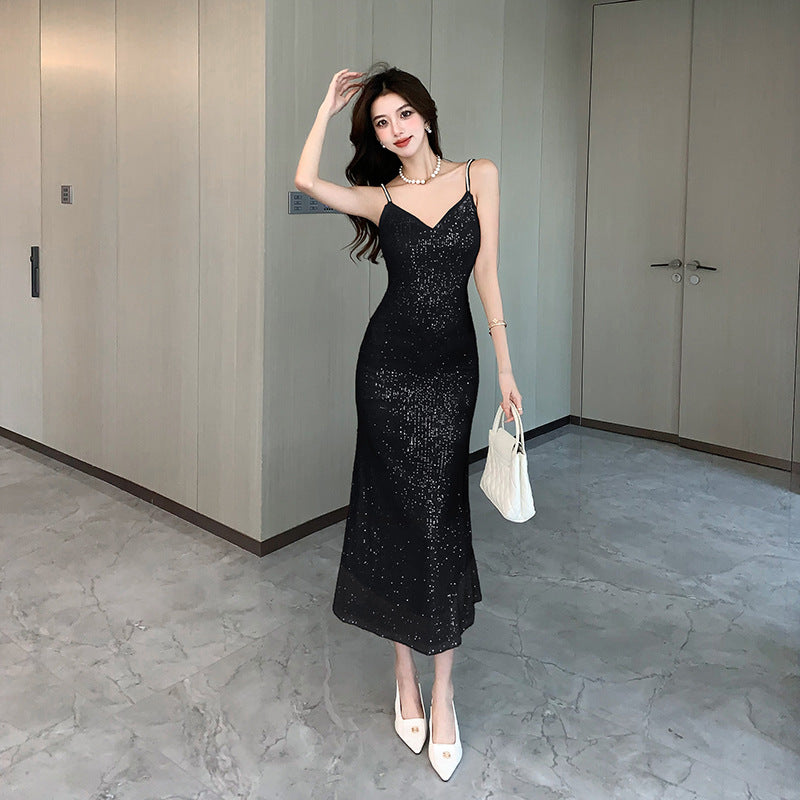 2025 Bar mitzvah evening dress dress light luxury niche high-end temperament socialite waist thin sexy sequin suspender dress