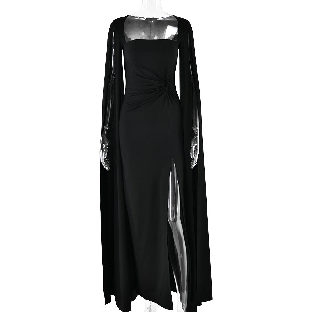2025 New popular new dress square collar mopping floor long sleeve high split end solid color sexy dress