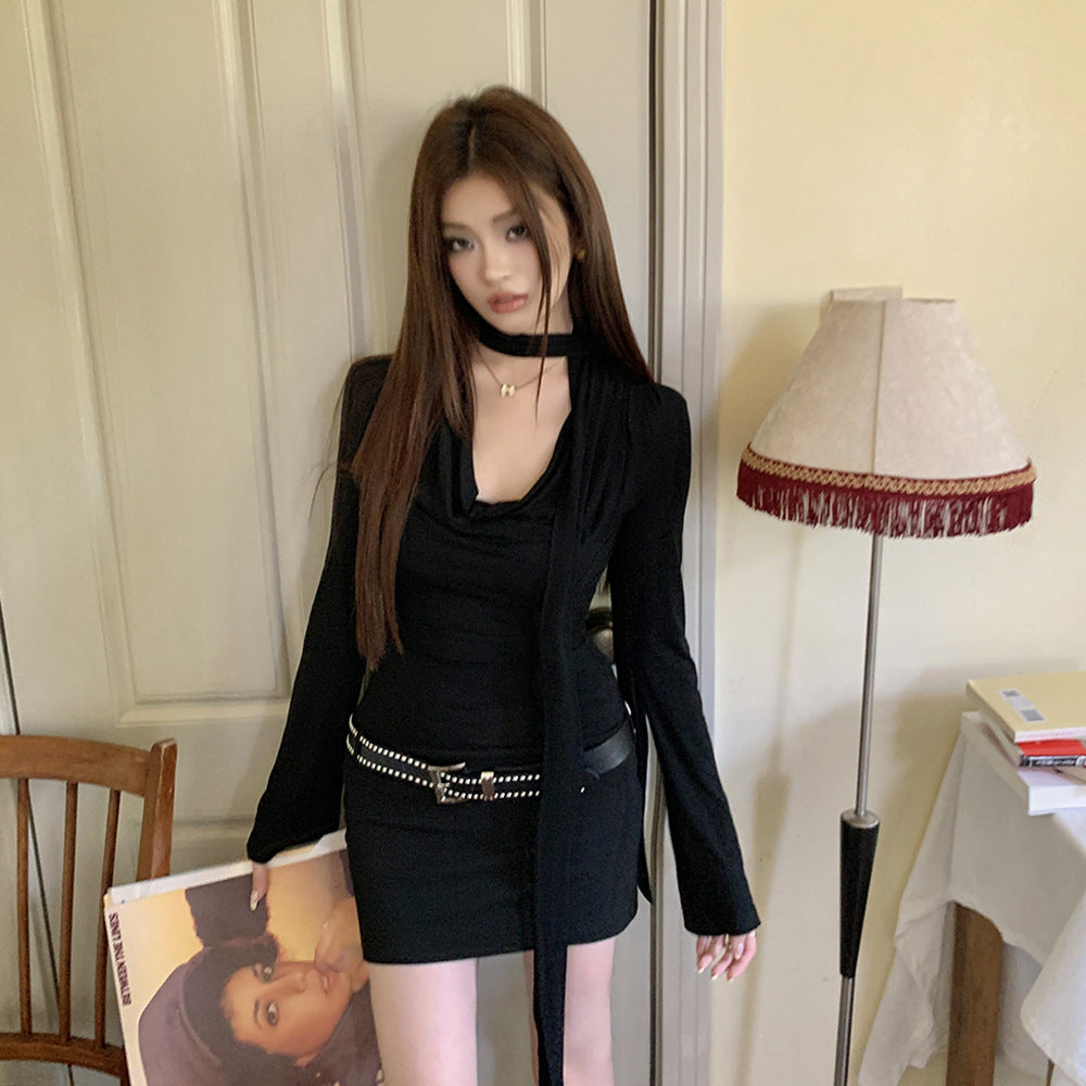 2025 Spice Girl V-Neck Ribbon Black Dress Children's Waist Slim Temperament Advanced Hip Wrap Short Dress Autumn