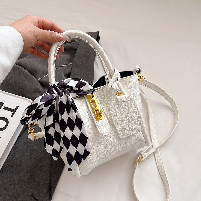 XAKXX 2025 New Fashion Silk Scarf Portable Bucket Bag Women's Bag High-end Litchi Pattern One Shoulder Crossbody Simple Mother and Child Bag