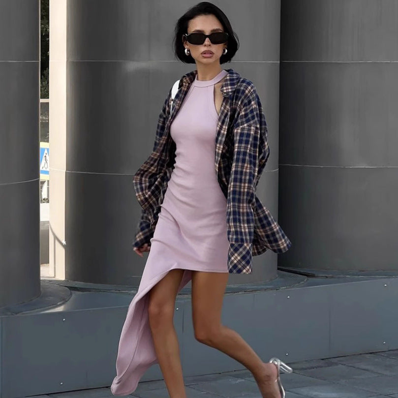 XAKXX Sexy pink knitted neck halter design slim dress New autumn and winter new sleeveless long dress