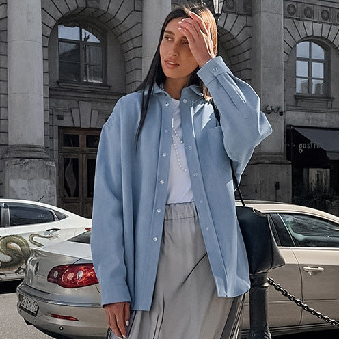 XAKXX 20252025 pure cotton versatile high-end blue coat popular autumn and winter new niche simple lazy long-sleeved top