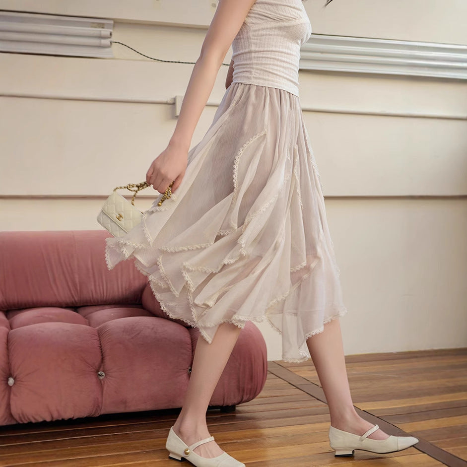 2025 Popularan high-end spring and summer new thin irregular ruffle edge splicing white lace skirt women's yarn skirt