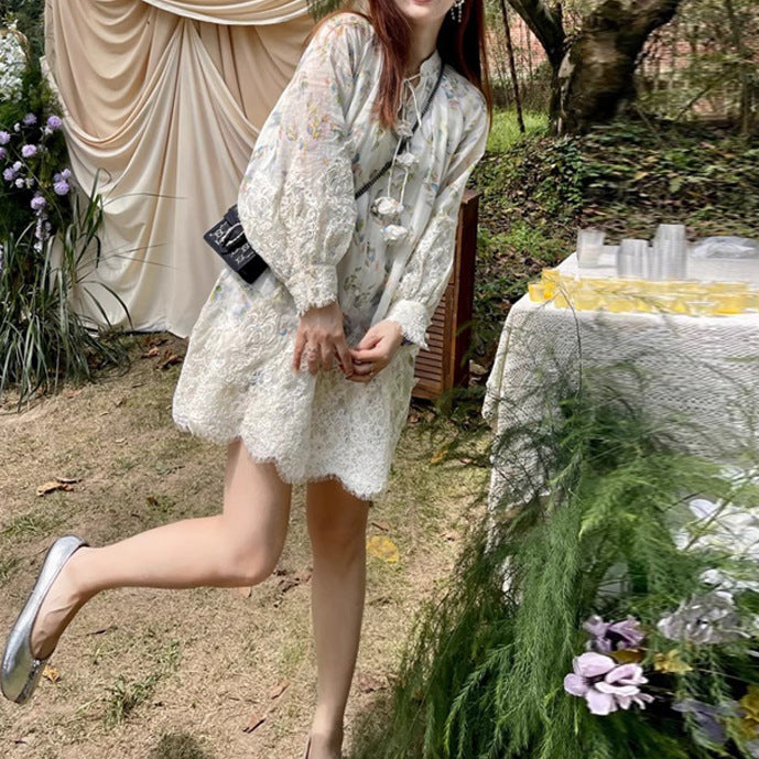2025 Fish bone wide lace collage Quan ramie plant printing and dyeing dress loose doll short skirt