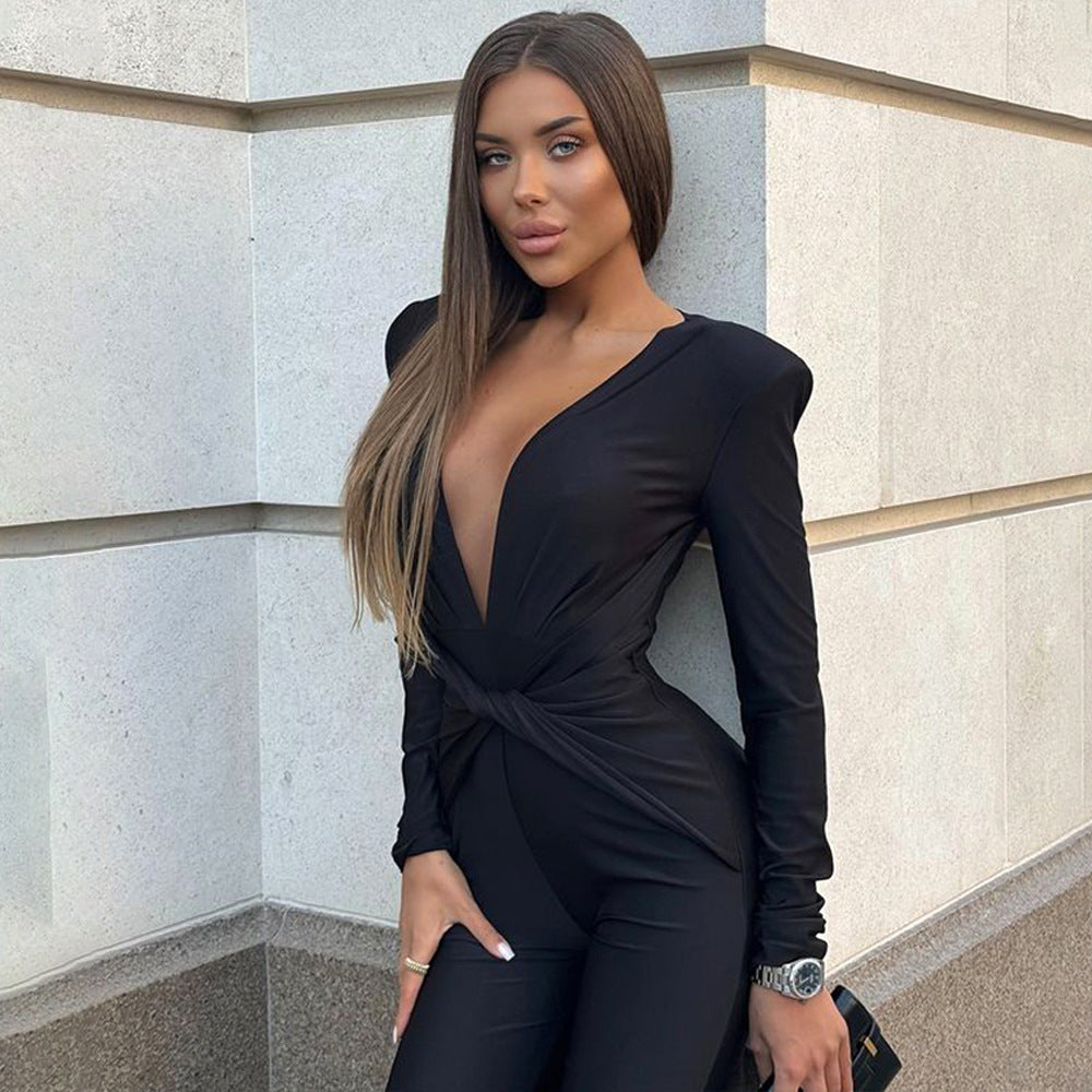 2025 New popular autumn and winter hot-selling sexy deep V-neck onesie new Spice Girl long-sleeved jumpsuit