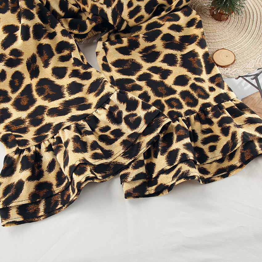 XAKXX 2025popular autumn and winter new leopard print V-neck lotus leaf edge two-piece set loose casual 2025 New fashion set