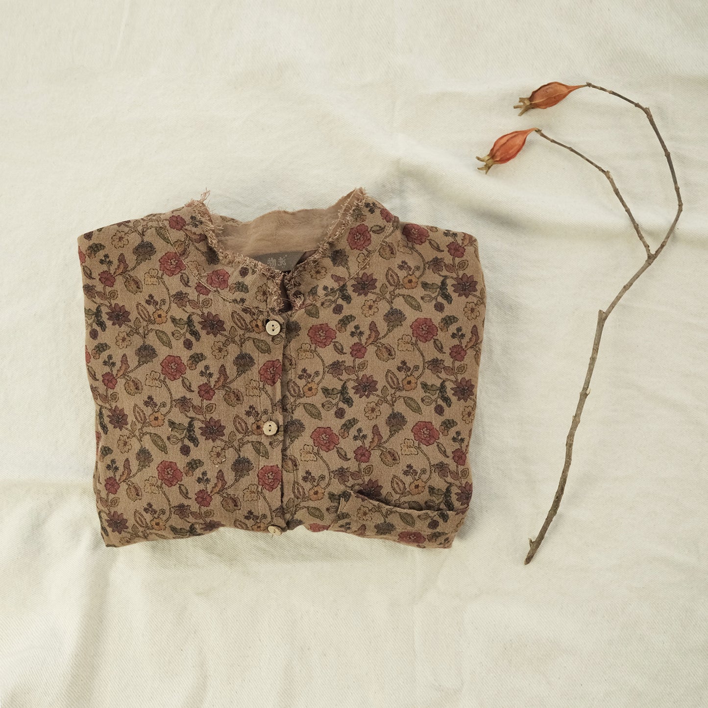 23 spring and summer retro old printed double-layer cotton shirt, medieval casual stand-up collar burr top S23001