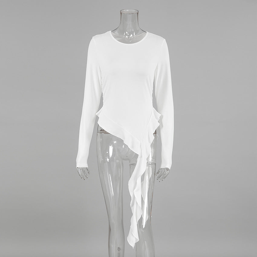 XAKXX 2025 Russian spring and summer irregular sexy design sense white knitted round neck slim and thin women's T-shirt