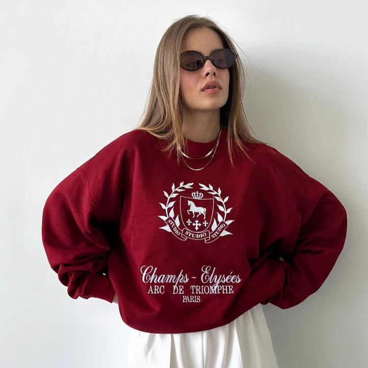XAKXX 2025 spring new product Ankola red crew neck women's pullover printed sweater 2025 fashion new loose top