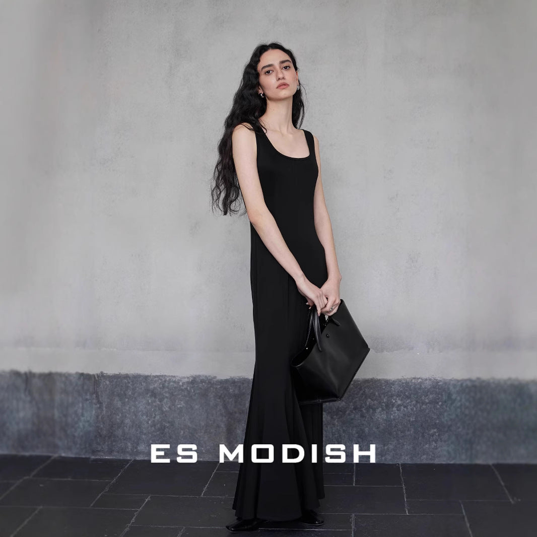 2025 ES MODISH Spring New Sexy Square Neck Slim Hip Wrap Fish Tail Suspender Dress Celebrity Style Long Dress Women