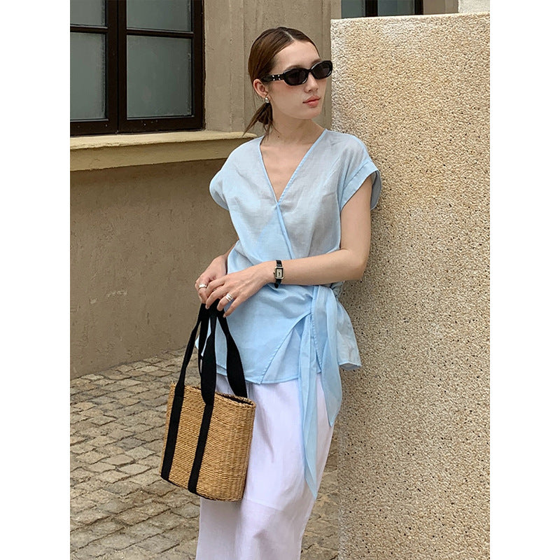 2025 Ramie Tencel Cross Design Sense Shirt 2025 Thirteen Lines Summer New Shirt Women's T5059X