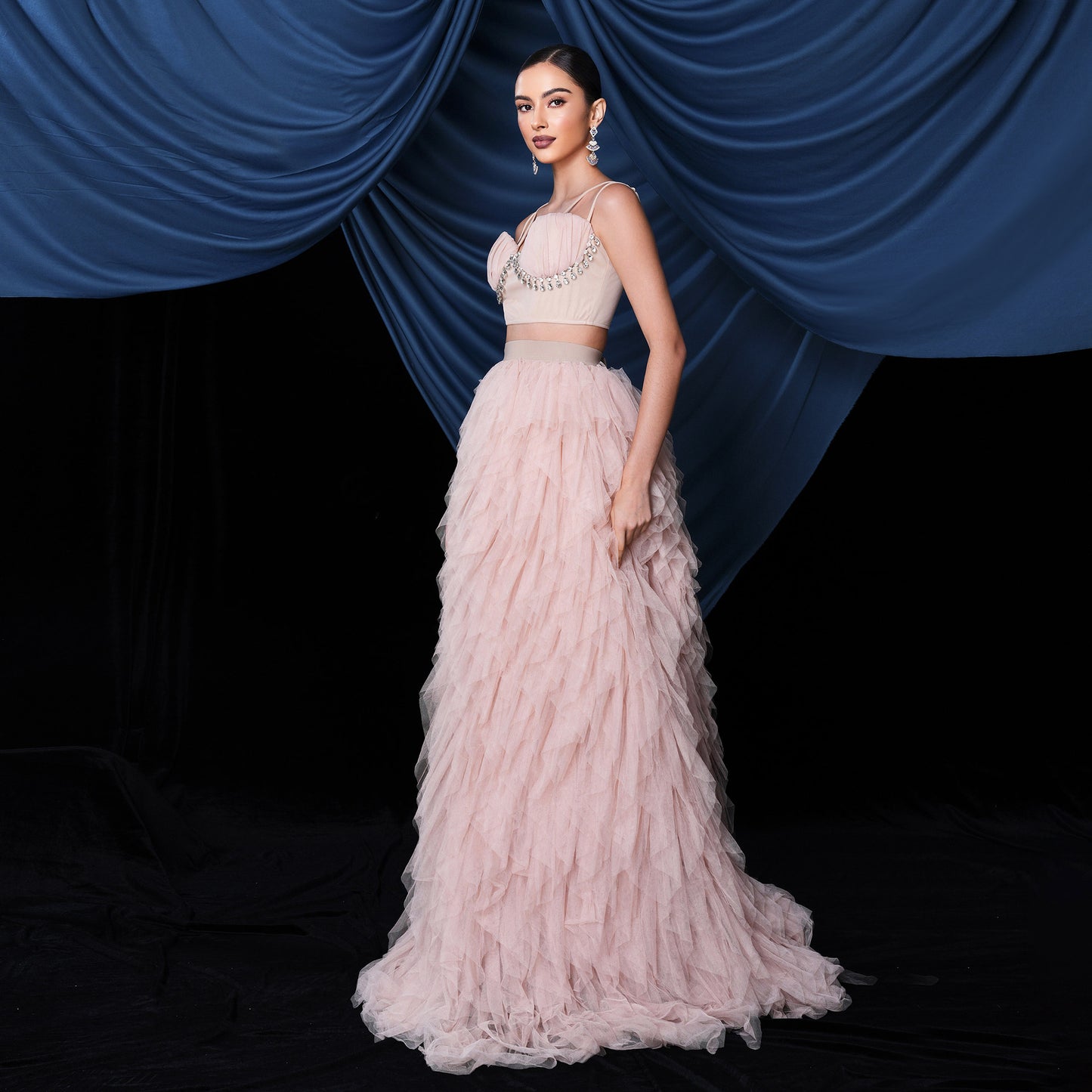 2025 suspender temperament sexy top long mesh pendulum skirt banquet set evening dress two-piece set