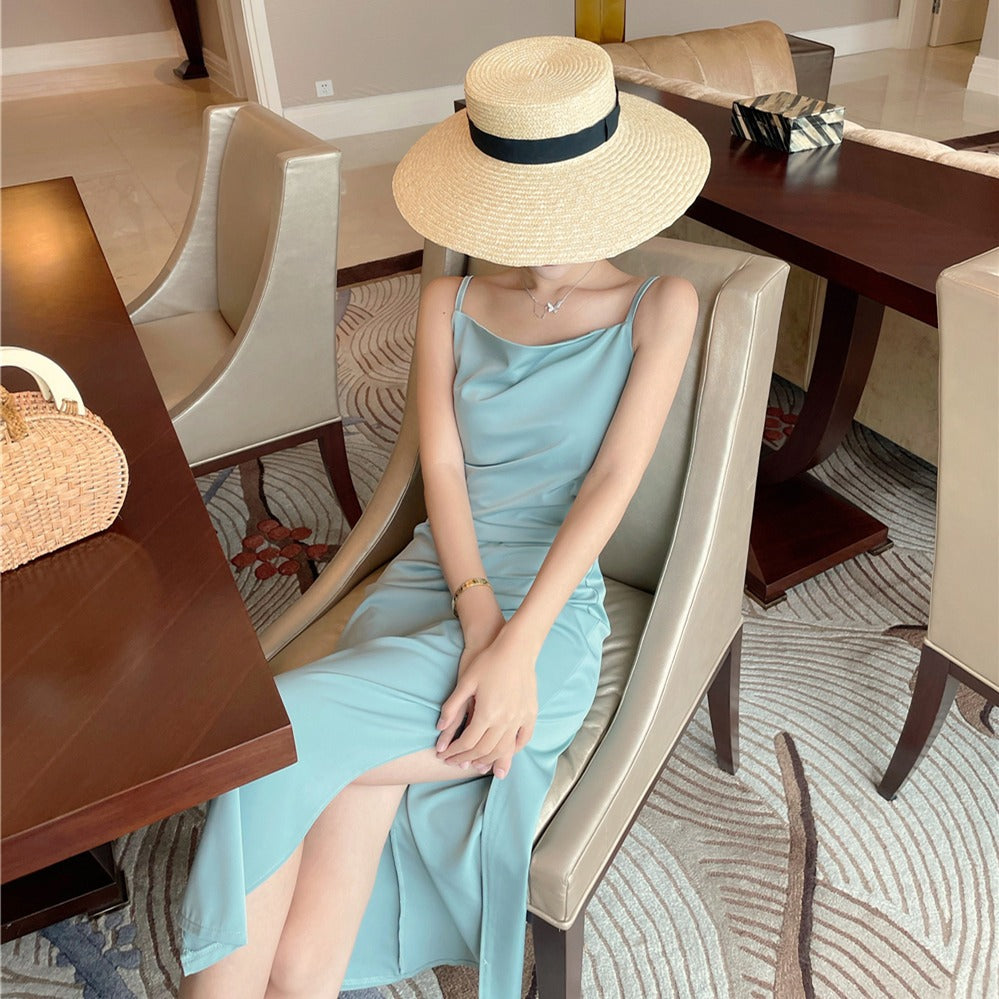 2025 drape satin swinging neck suspender skirt women's 2025 summer new waist thin pleated temperament split sleeveless dress