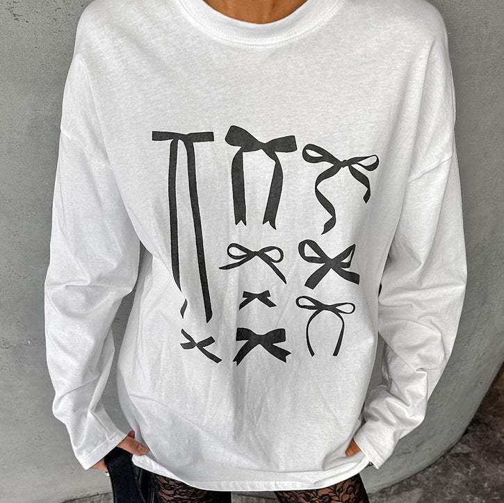 XAKXX 2025Crew neck loose pullover bow graffiti printing casual T-shirt popular 2025 autumn and winter fashion new inner women