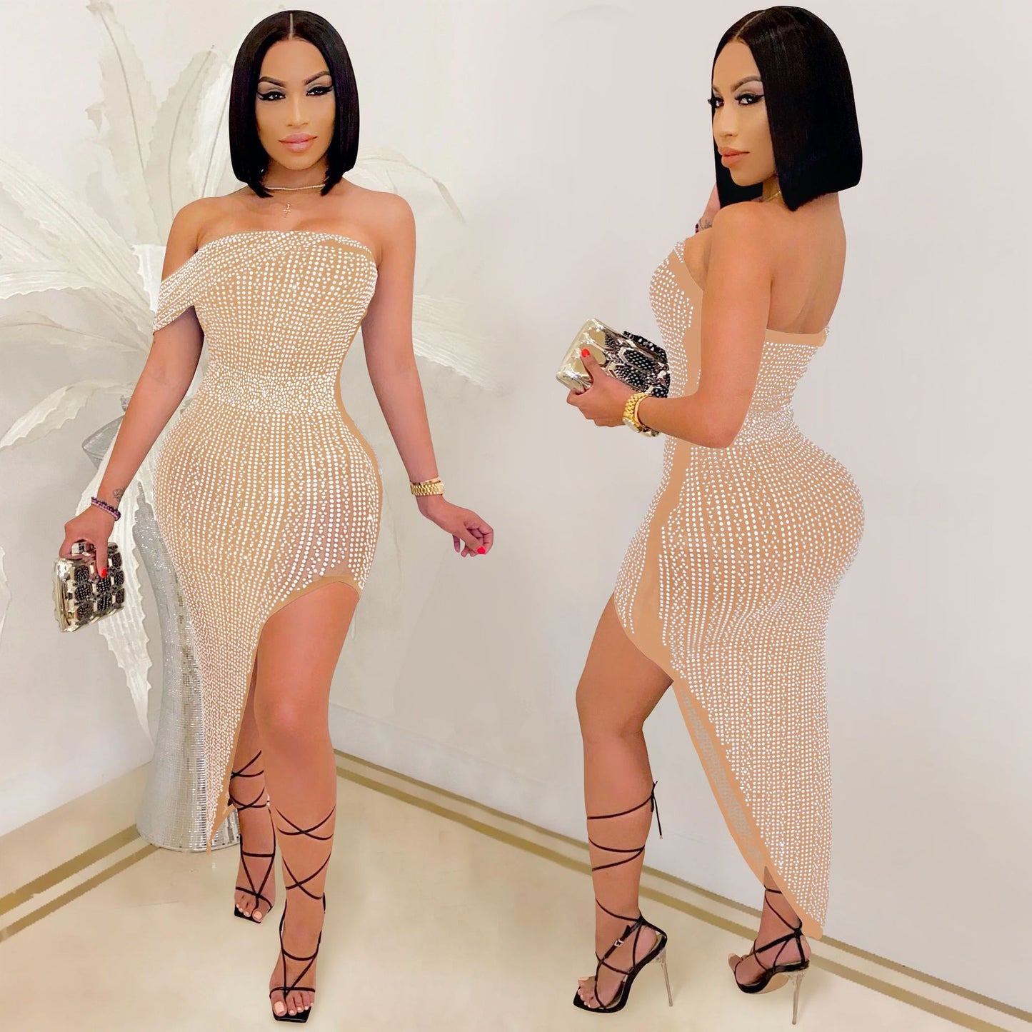 X5046 European and American Evening Dress Rhinestone Mesh Wrapped Chest Irregular Women's Clothing Dress