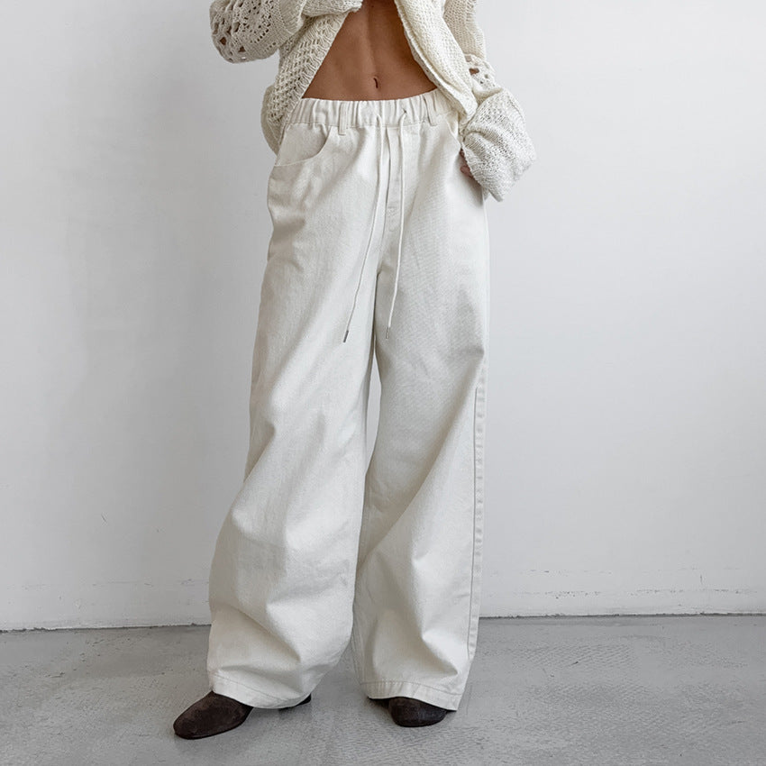 XAKXX 2025 fashion casual temperament, white loose pure cotton lace-up mid-waist versatile wide-footed pants, autumn and winter classic trousers