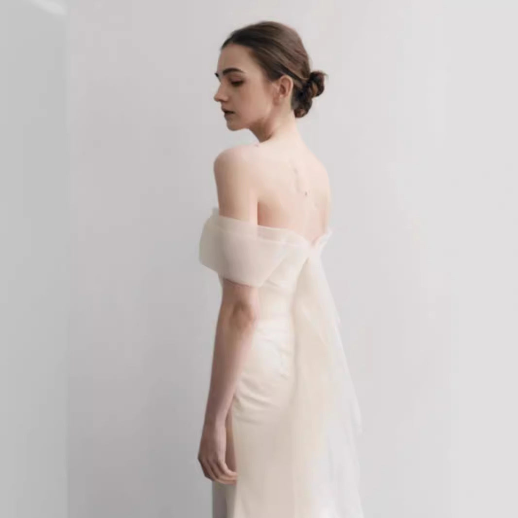 2025 one-word shoulder long-sleeved light wedding dress high-end pleated design bridal morning shot engagement dress slim fishtail dress