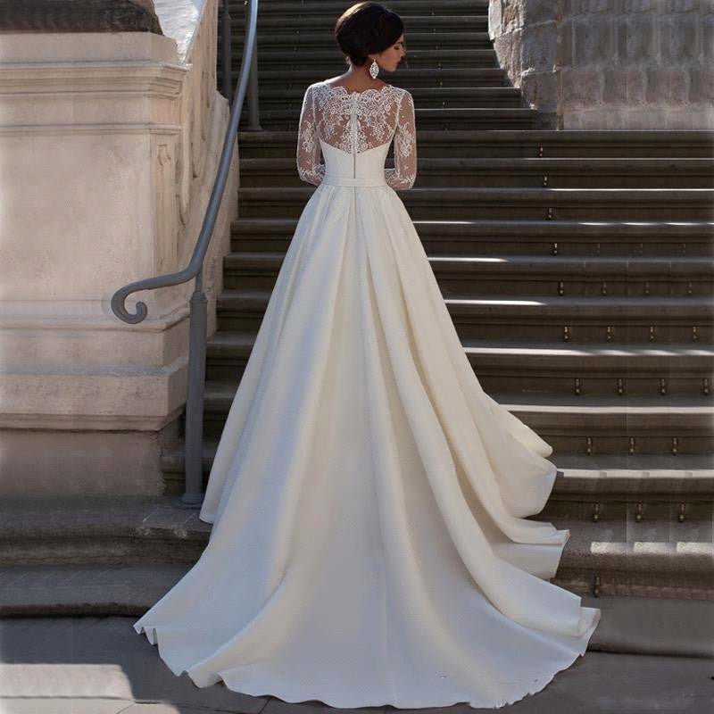 2025 Hot trade new V-neck lace long-sleeved trailing wedding dress simple trailing slim lace satin banquet hosting wedding dress