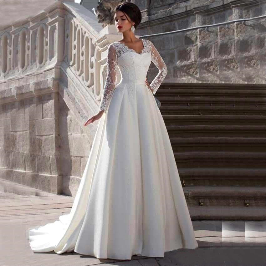 2025 Hot trade new V-neck lace long-sleeved trailing wedding dress simple trailing slim lace satin banquet hosting wedding dress