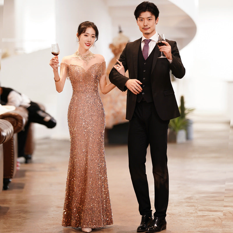 Evening dress women's 2025 new annual meeting fishtail banquet elegant temperament socialite host dignified atmospheric dress