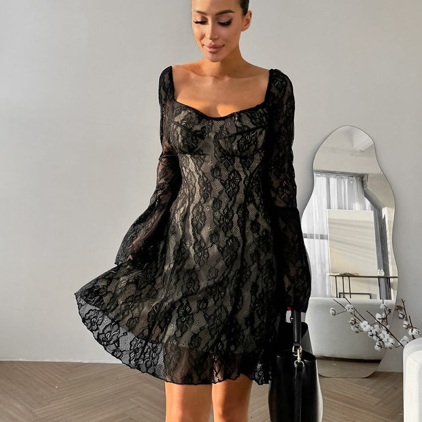 XAKXX 2025Autumn Black Sexy Design Sense Lace Hollow Temperament Square Neck Bubble Sleeve Slim Lace-up Dress Women