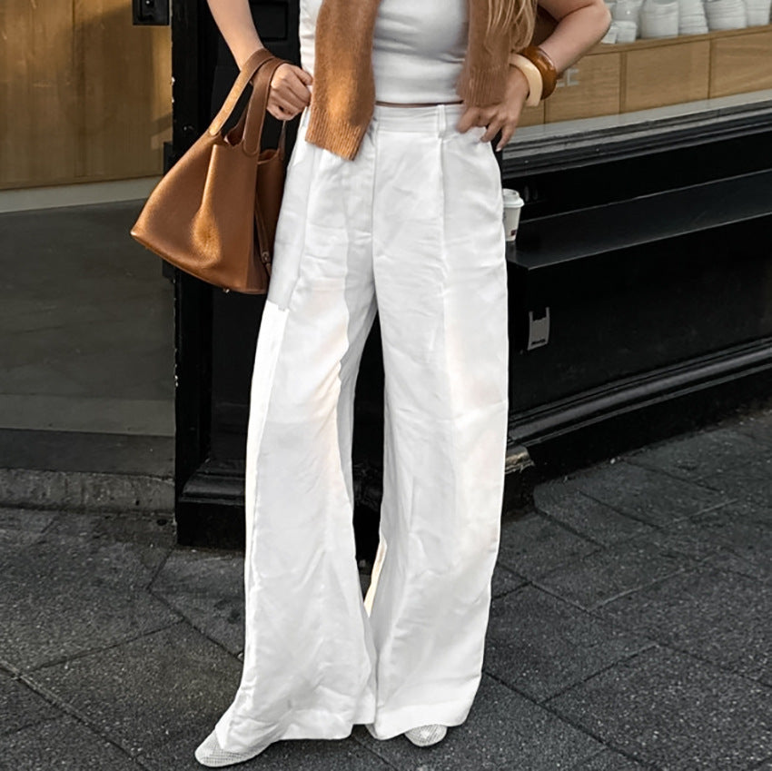 XAKXX Spring and summer commuting lazy cotton and linen niche white fashion high waist wide pants 2025 loose pocket casual pants women's clothing