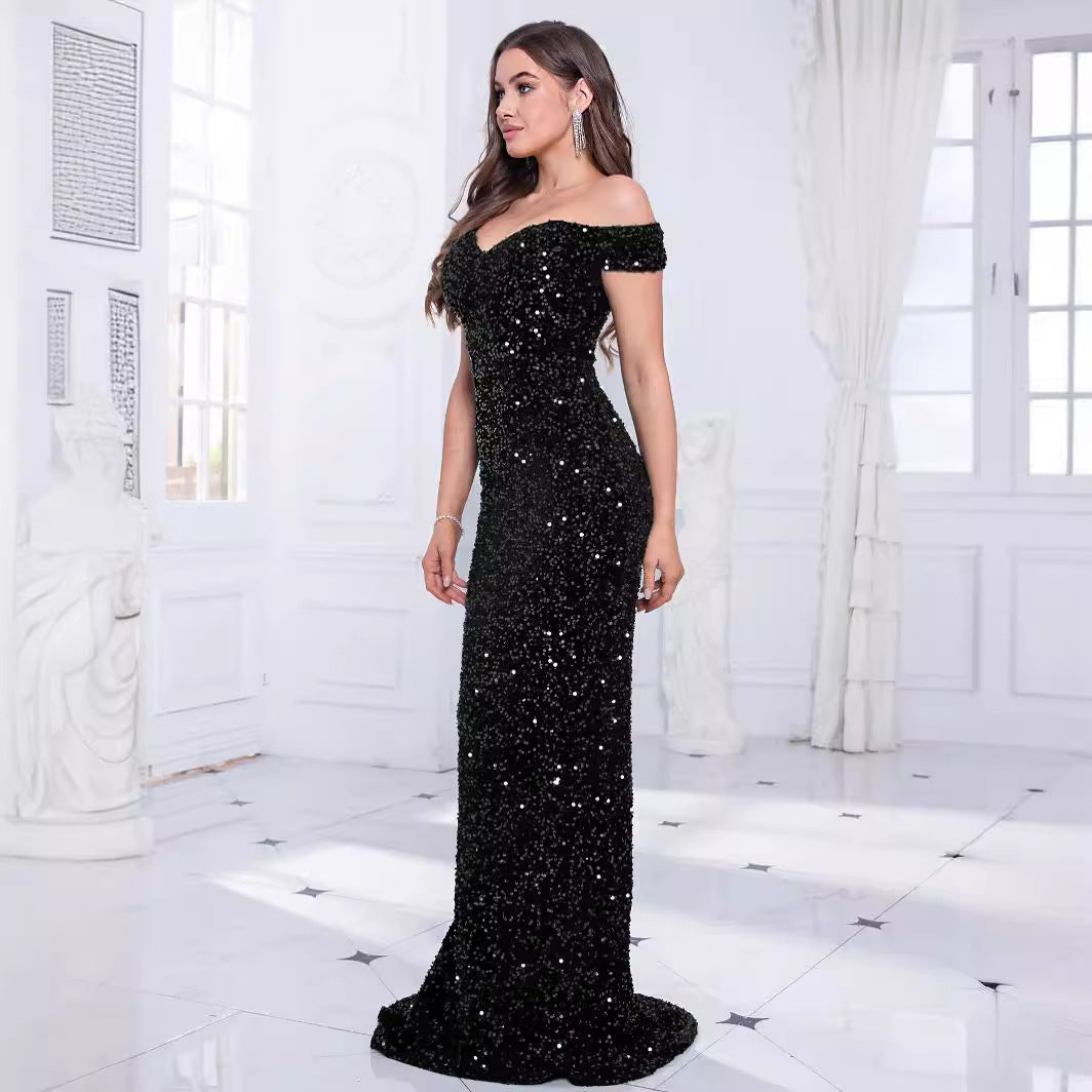 XAKXX 2025 popular new spring and summer banquet design single shoulder sequins gold heavy industry evening dress women's fishtail dress dress