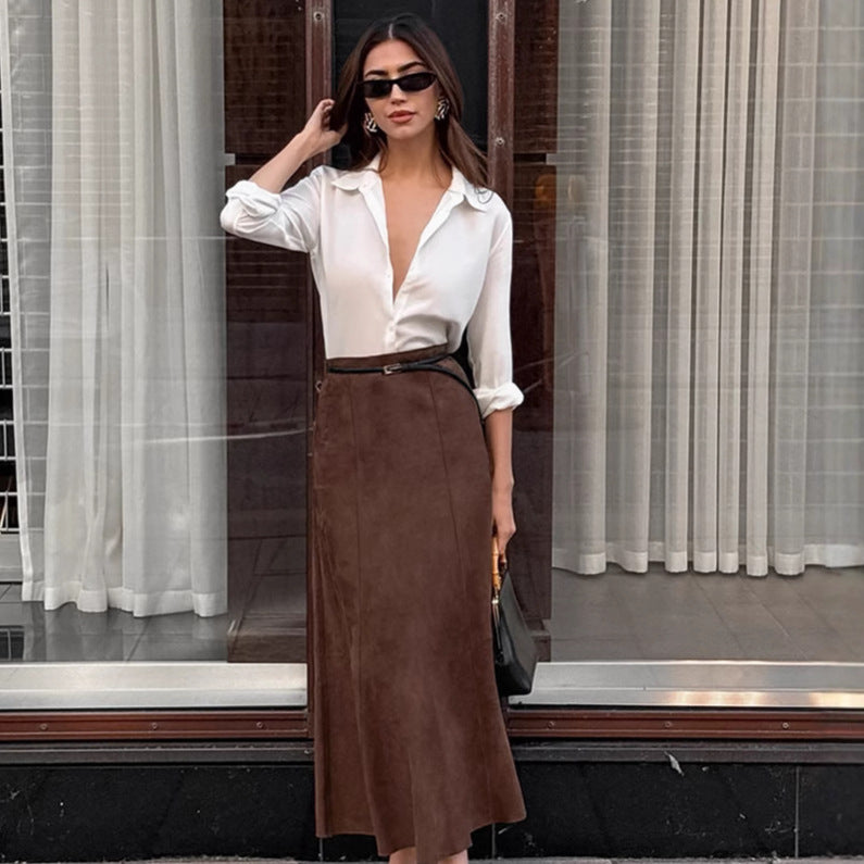 XAKXX Autumn and winter retro new fashion knitted matte velvet brown slim-fitting high-waisted straight skirt casual long dress women