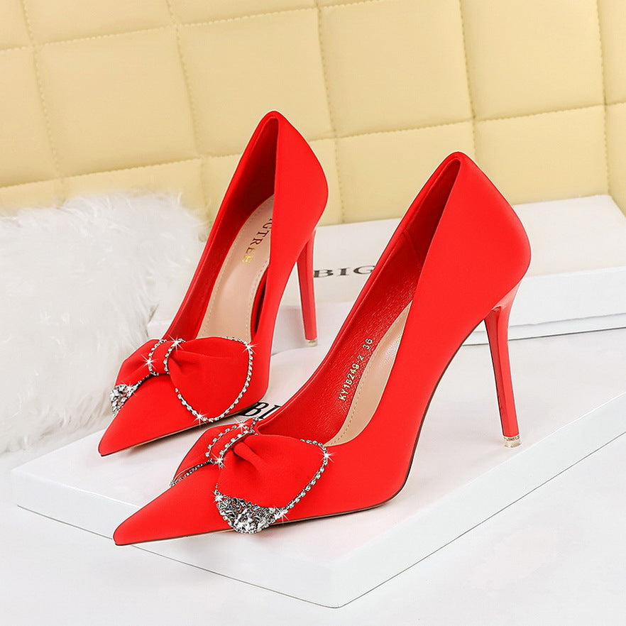 2025 18249-AH31 style fashion high heels thin heels banquet women's shoes shallow mouth pointed rhinestone bow single shoes