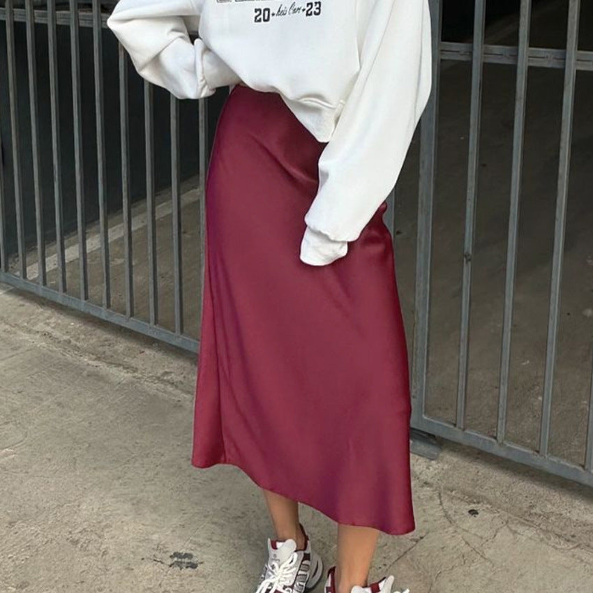 XAKXX Autumn and winter elegant burgundy premium thick matte satin high waist skirt versatile loose dress