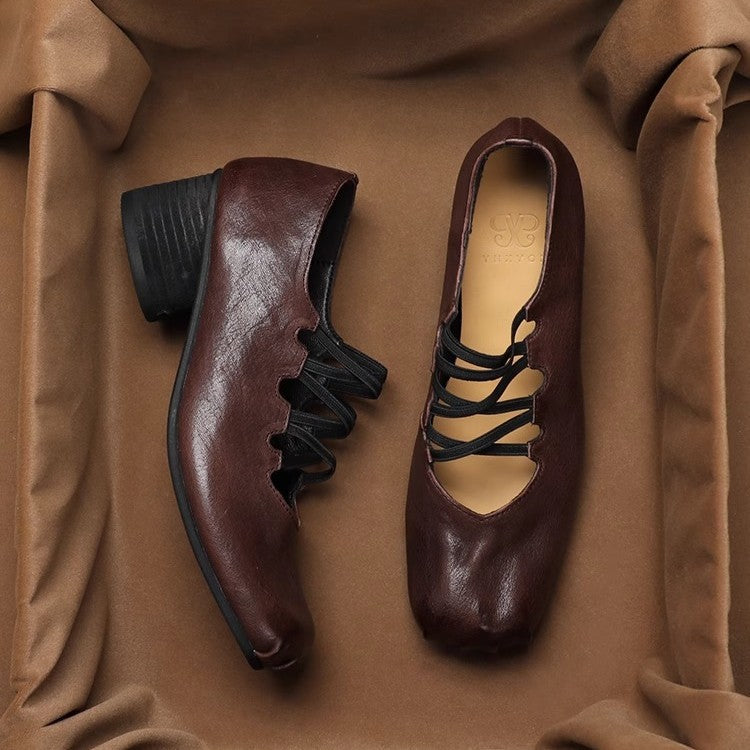 2025 Sheepskin version retro pleated square head single shoes cross strap high heel ballet shoes pig nose thick heel Mary Jane shoes