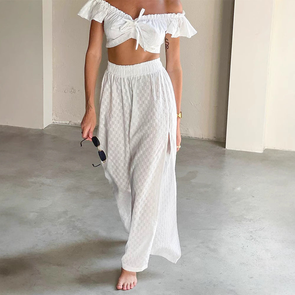 XAKXX Europe, America 2025 early spring new lace splicing Feifei sleeve sexy split jacquard suit fashionable cross-border two-piece set