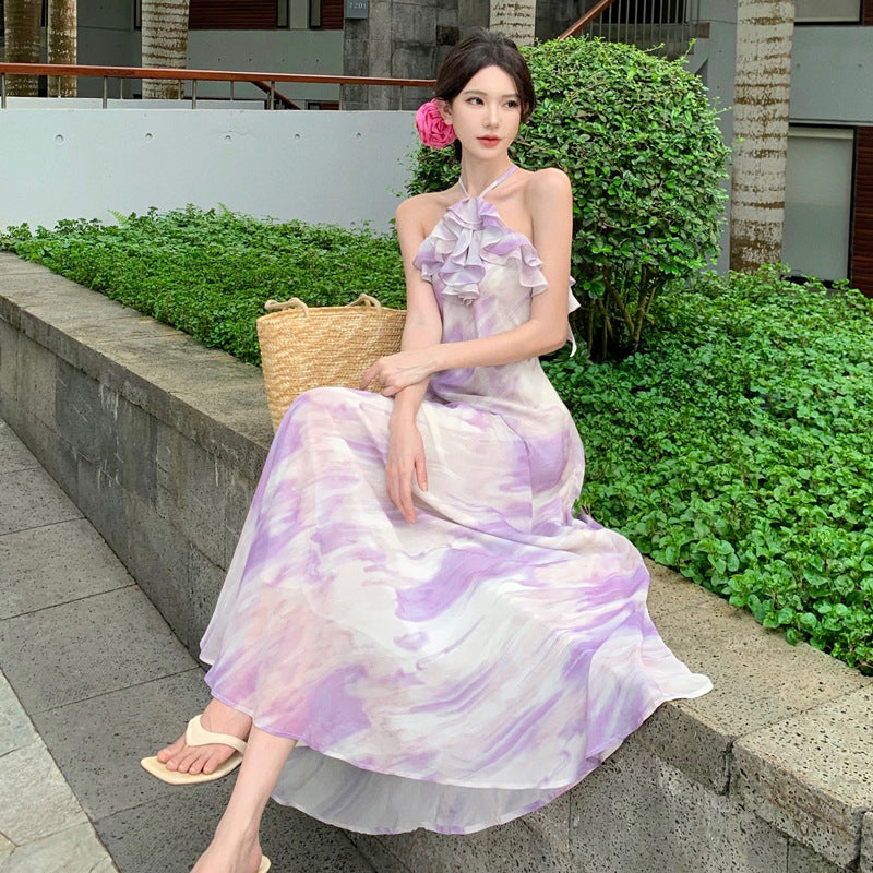 2025 Seaside vacation niche design sense photo purple floral neck beach skirt smudged tie-dye big pendulum fishtail long skirt