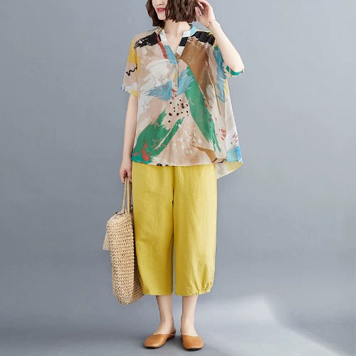 Age-reducing and thin suit, fashionable summer clothing, large-size women's clothing, loose-printed top, cotton and linen casual Harlan pants, two-piece set