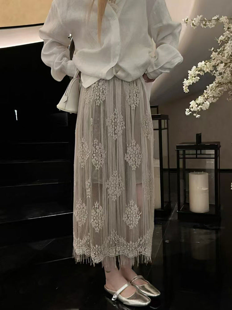 2025 summer new designer niche high waist lace fringed skirt women