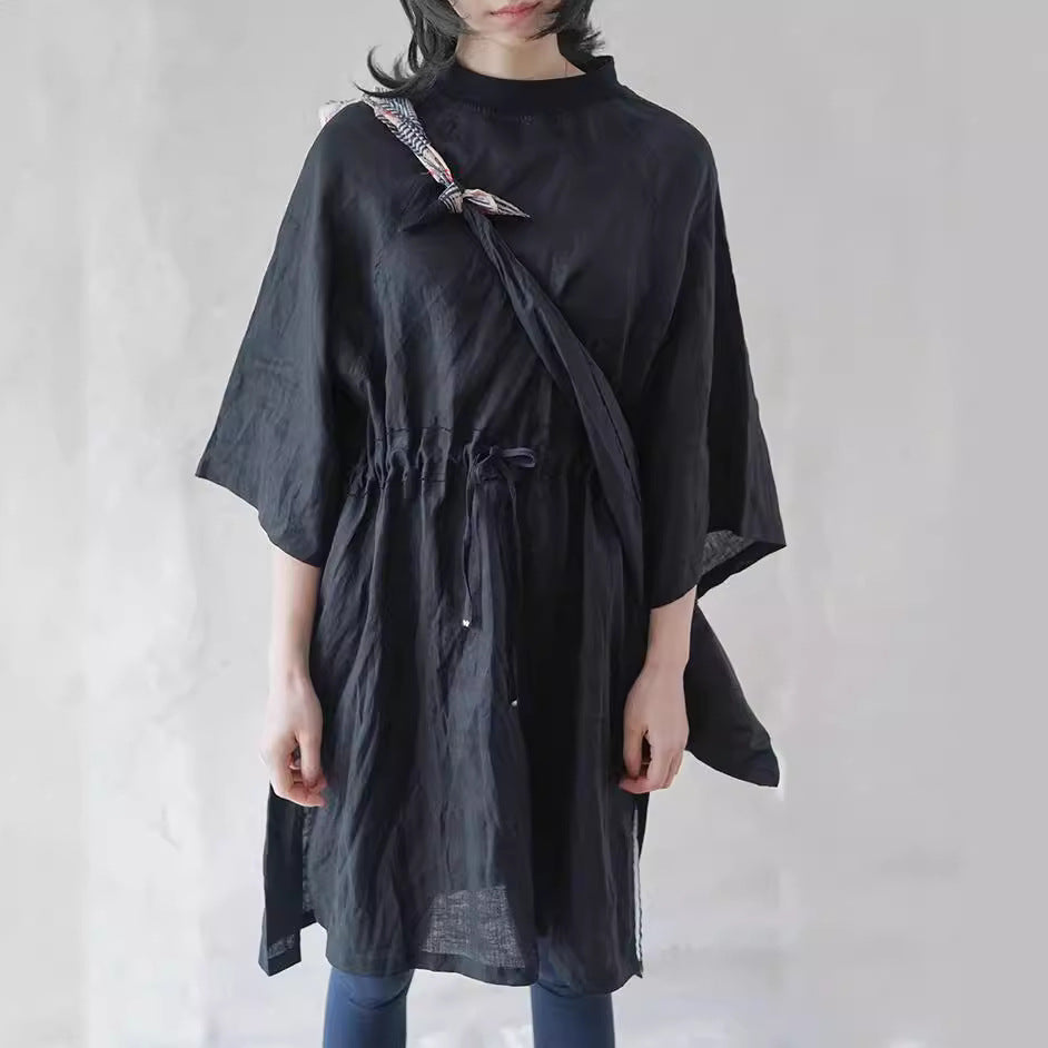 casual literary linen loose drawstring dress, light sports zen wide-sleeved linen robe L21072