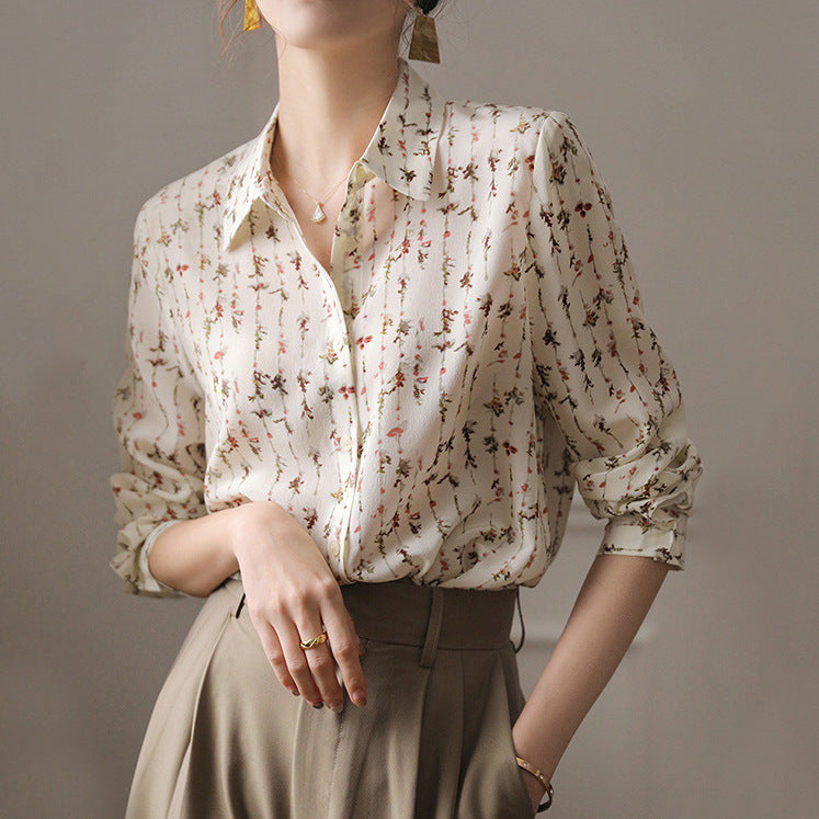 2025 Silk shirt women's summer new printed long-sleeved mulberry silk shirt, loose Popular versatile top