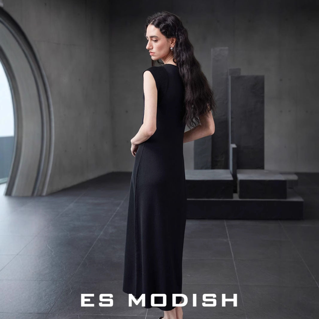 2025 ES MODISH Spring New Product Big Brand Feeling Inner U-Neck Sleeveless Solid Color Dress Tencel Waist Long Dress
