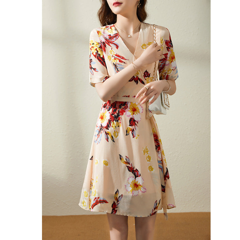2025 Coffee break heavy silk dress summer new temperament haute couture women's clothing retro mulberry silk skirt