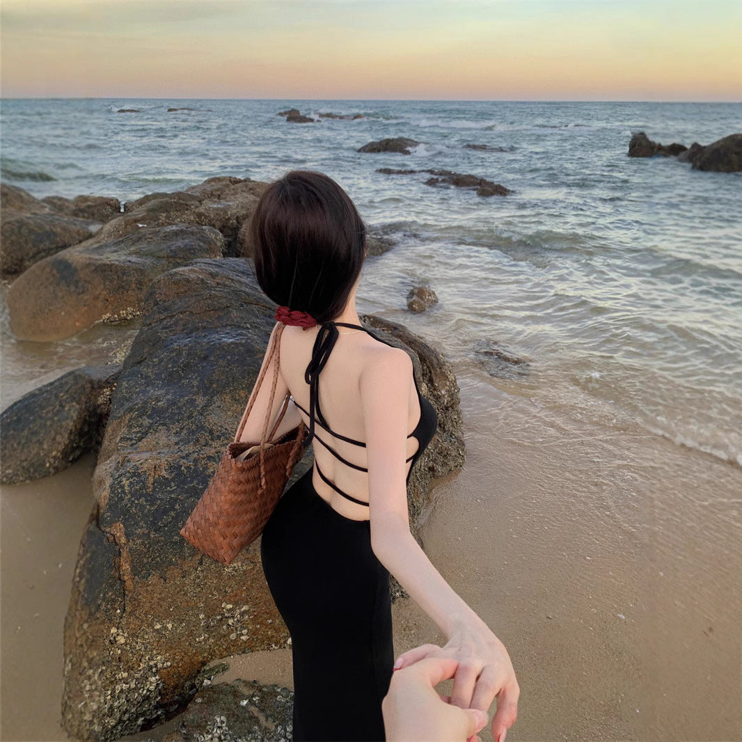 2025 Spice girl sexy backless neck tight hip dress celebrity royal sister wind show figure temperament long skirt