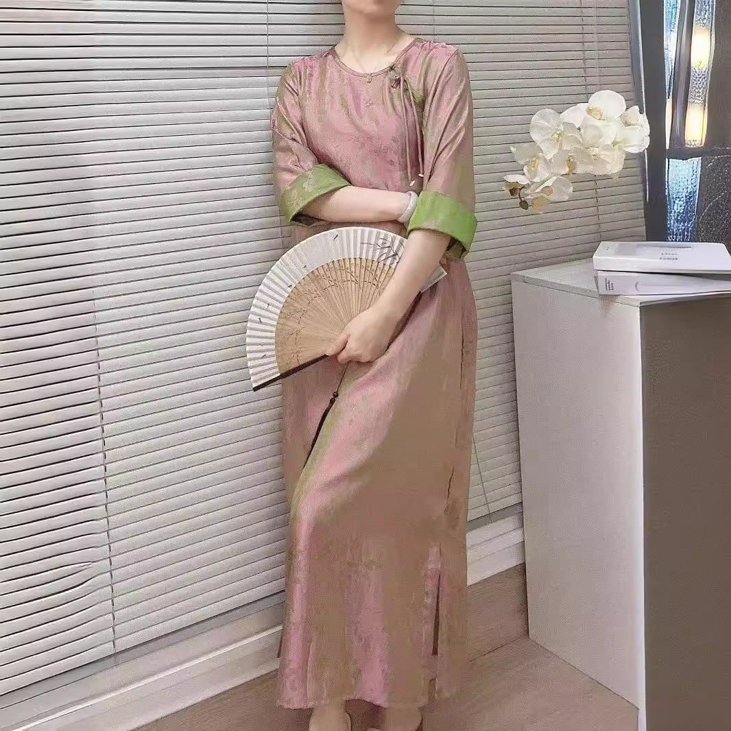 2025 Spot Chinese style women's clothing retro improved cheongsam simulation silk dress ethnic style zen tea clothes women